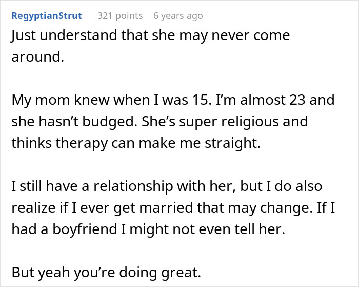 Comment on Reddit discussing a gay son&rsquo;s relationship with his religious mother and challenges with acceptance.