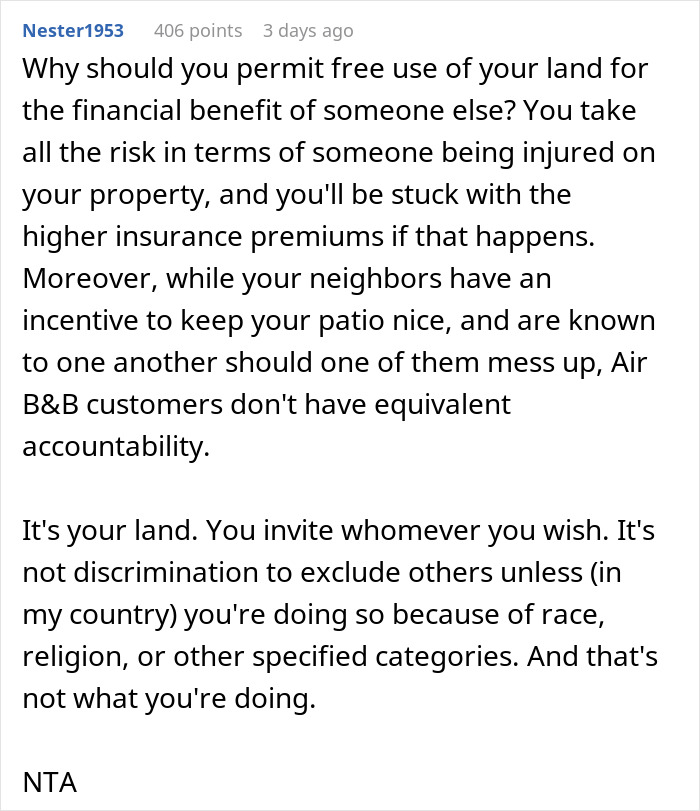 Comment explaining neighbor refuses to let tourists use their patio with Airbnb host calling it discrimination.