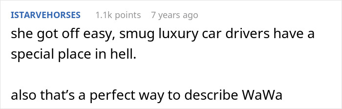 Comment text about smug luxury car drivers posted on a forum, referencing a perfect way to describe WaWa. - 27