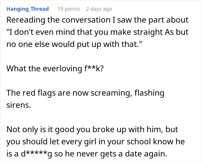 Forum post discussing jealous boyfriend berating girlfriend for kindness to stranger leading to breakup and failed apologies.