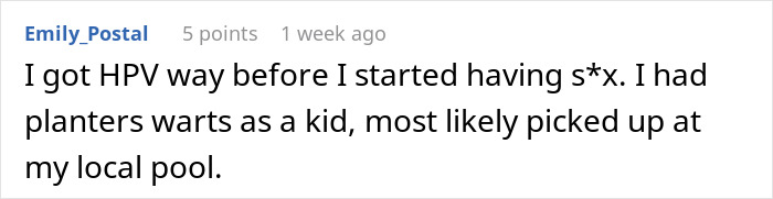 Comment about HPV infection before sexual activity, mentioning planters warts from childhood exposure at a local pool.