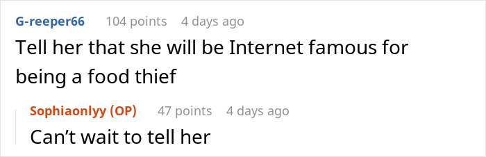 Screenshot of an online conversation about leftover pasta theft leading to purchasing a mini fridge and calling it dramatic.