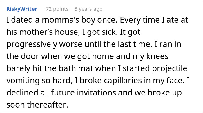 Text post from a user sharing an experience of getting sick after eating at a mom&rsquo;s house, hinting at possible poisoning.
