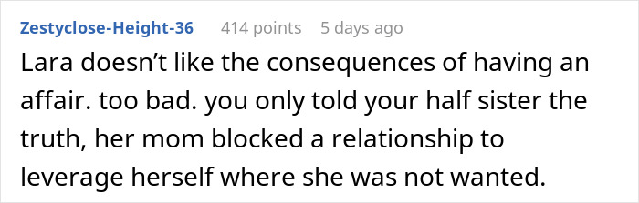 Comment discussing a woman revealing the truth about her dad&rsquo;s affair baby and family relationship conflicts.
