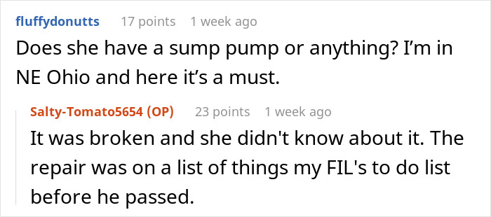 Reddit comments discussing a sewage disaster and a broken sump pump causing a smelly mess at home.