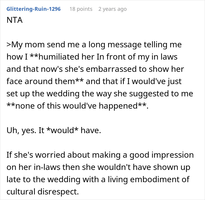 Screenshot of a Reddit comment discussing a mother humiliated in front of wedding guests by her pet pig ruining the wedding.