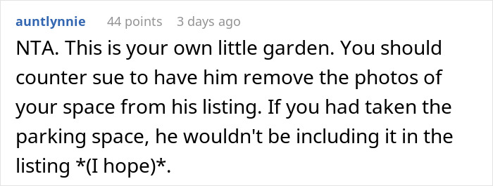 Comment discussing neighbor refusing patio access and Airbnb host upstairs calling it discrimination in a dispute.