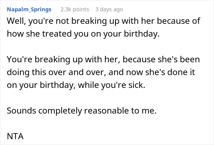 Screenshot of a Reddit comment discussing a man expecting special treatment from his girlfriend on his birthday and relationship doubts.