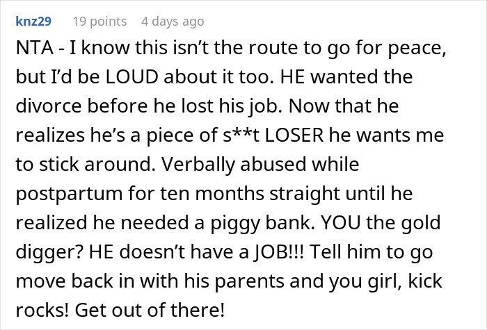 Reddit comment discussing a man demanding divorce from his wife labeled fat and lazy until he lost his job. Reddit comment discussing a man demanding divorce from his wife labeled fat and lazy until he lost his job.