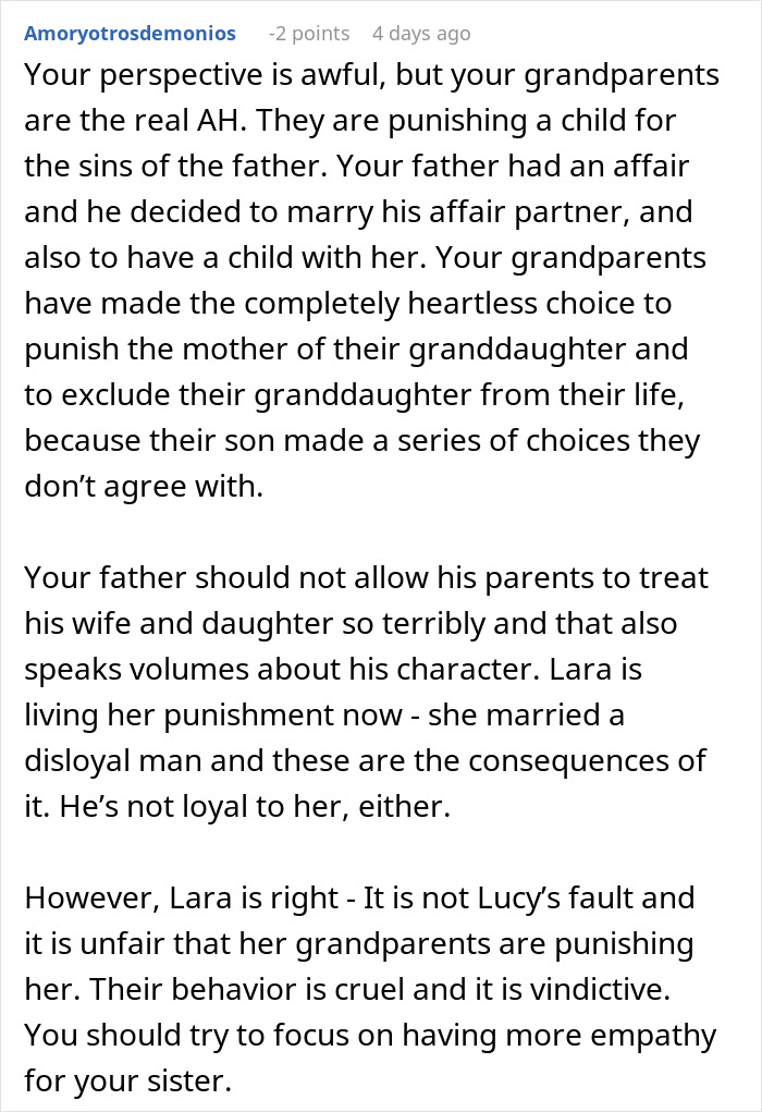 Comment discussing a woman telling her dad&rsquo;s affair baby the real reason why her grandparents exclude her.
