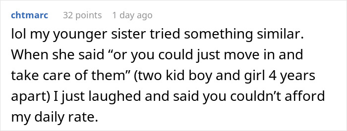 Comment discussing a woman&rsquo;s sibling responding to her undervaluing babysitters and their living wage.