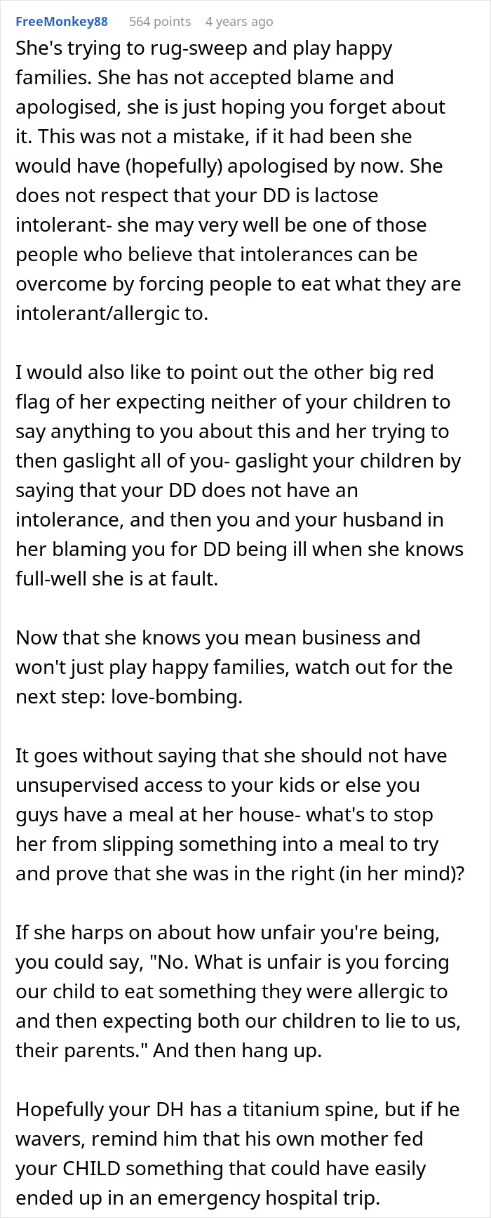 Comment discussing grandma dismissing 7YO's lactose intolerance and the resulting family drama and concerns.