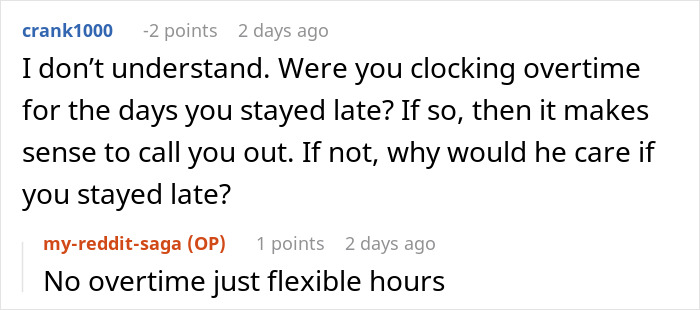 Reddit discussion highlighting boss banning flexible hours and causing workplace issues over non-issue concerns. Reddit discussion highlighting boss banning flexible hours and causing workplace issues over non-issue concerns.