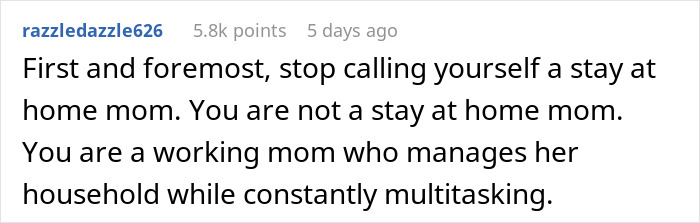 Working mom multitasking at home, responding to in-laws who underestimate challenges of once-a-week daycare. - 24