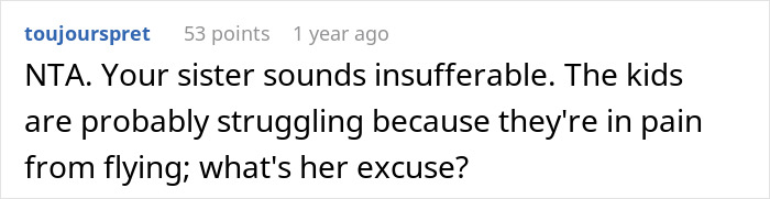 Comment criticizing a sibling&rsquo;s response as kids struggle with pain on a long flight during a family disagreement.