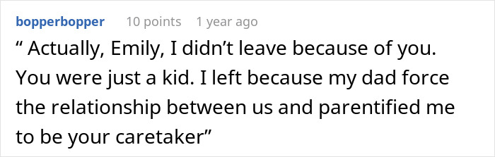 Comment explaining why person ran away, mentioning half-sister and family fallout over relationship issues. Comment explaining why person ran away, mentioning half-sister and family fallout over relationship issues.