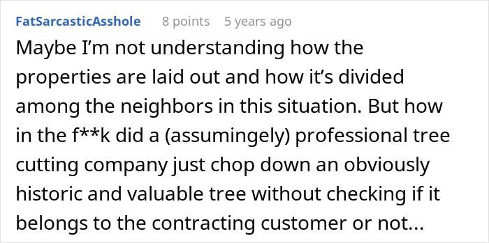 Text excerpt from an online forum discussing a neighbor’s tree cutting and jealousy leading to a six-figure fine. Text excerpt from an online forum discussing a neighbor’s tree cutting and jealousy leading to a six-figure fine.