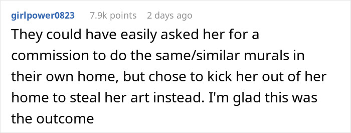 Comment from girlpower0823 discussing a landlord&rsquo;s daughter dealing with a cool house and an unexpected art dispute.