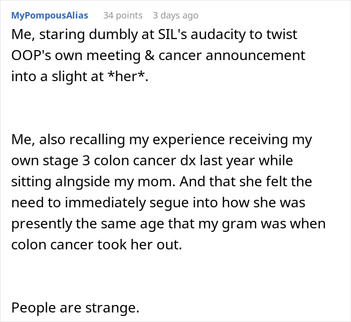 Text post about a woman needing support from family after devastating cancer news but facing drama from her sister-in-law.