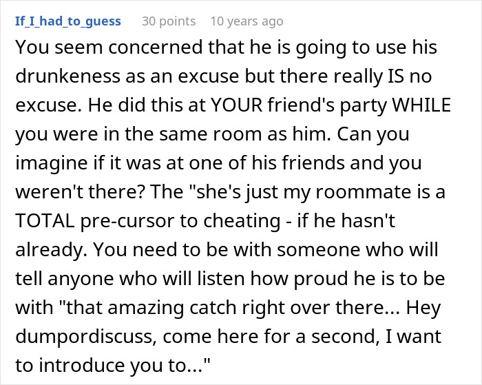 Screenshot of a Reddit comment discussing a guy pretending to be single at a party and making excuses when confronted.