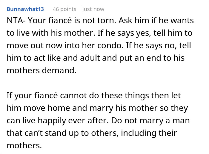 Comment advising woman to say no to future MIL&rsquo;s temporary stay, highlighting fianc&eacute;&rsquo;s role and relationship boundaries.