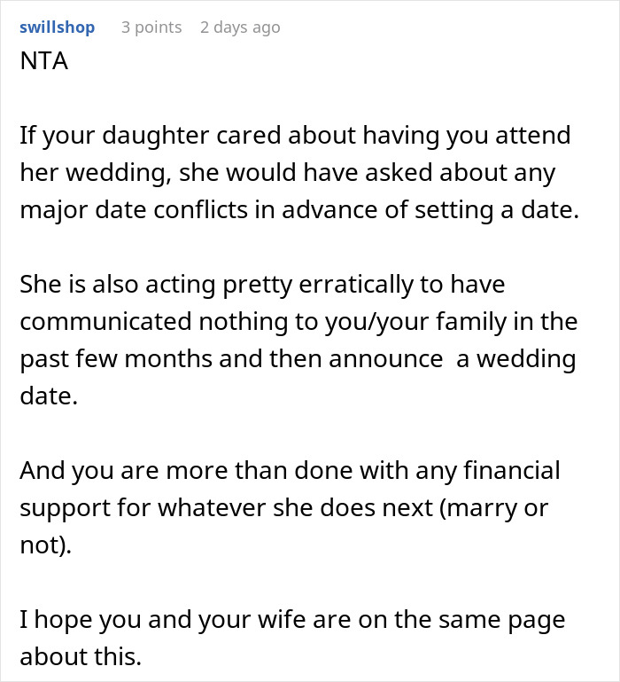 Comment discussing a man who spent $22,500 on daughter&rsquo;s failed wedding and skipped his own to hang out with friends.