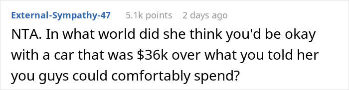 Comment about husband not giving wife a chance to show car choice as he drags her out of dealership.