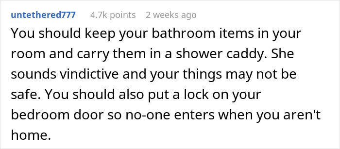 Screenshot of a Reddit comment advising to secure bathroom items and lock bedroom door regarding roommate expects leaving sleep with guys. Screenshot of a Reddit comment advising to secure bathroom items and lock bedroom door regarding roommate expects leaving sleep with guys.