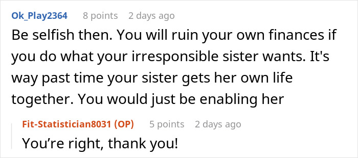 Screenshot of a Reddit conversation about family demanding money and sister needing it more than the other woman.
