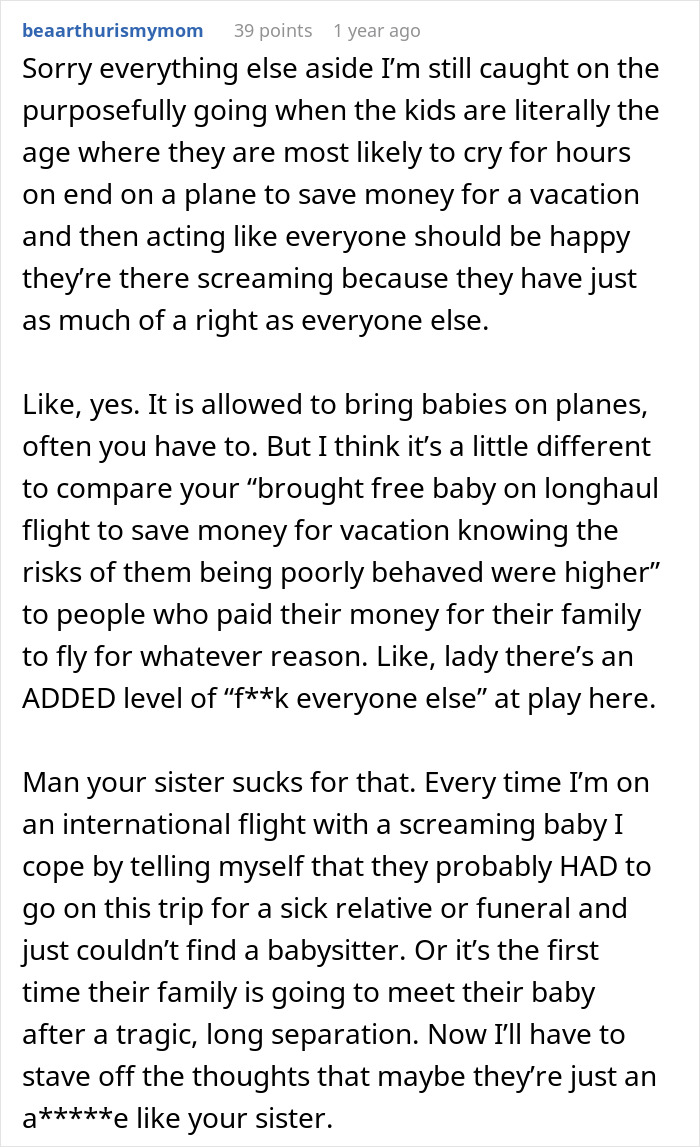 Text of a Reddit comment discussing challenges of a mom flying with kids on a 9-hour flight and sibling&rsquo;s harsh reality check.
