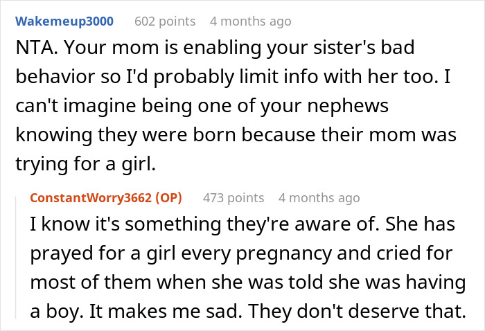 Screenshot of an online discussion about a mom obsessed with knowing if her sister is expecting a girl, expressing concern and sadness. - 13