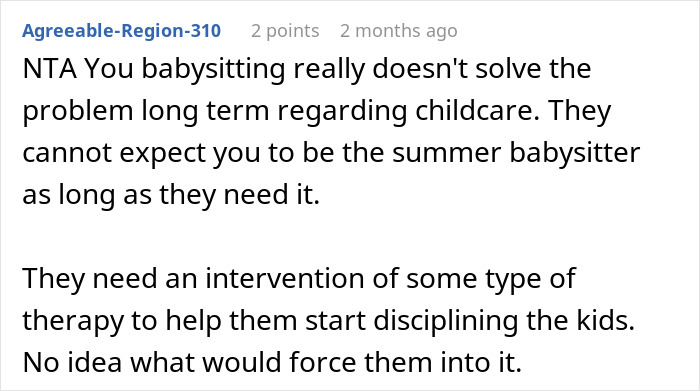 Text comment discussing refusal to babysit siblings after years of being treated like a stranger and childcare issues. Text comment discussing refusal to babysit siblings after years of being treated like a stranger and childcare issues.