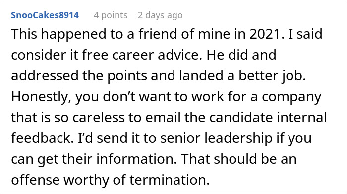 Comment on a computer screen about a woman receiving an email with a second interview invite and an accidental video file.