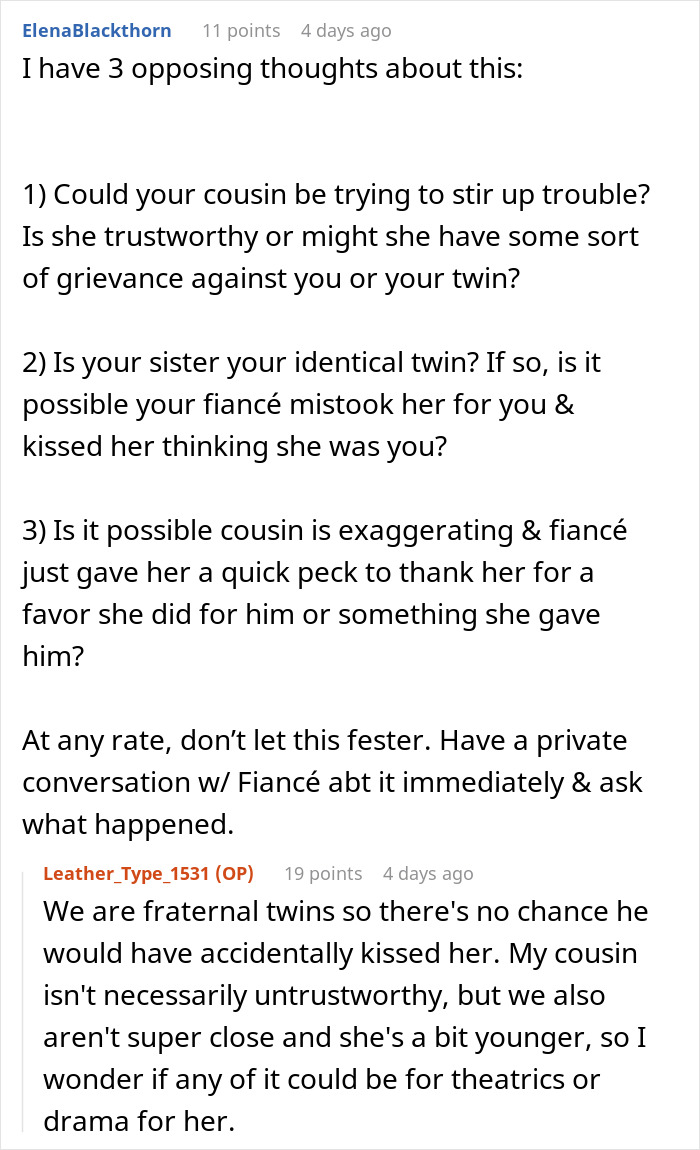 Discussion about bride&rsquo;s world crumbling after twin sister and fianc&eacute;&rsquo;s secret, with users debating trust and motives.