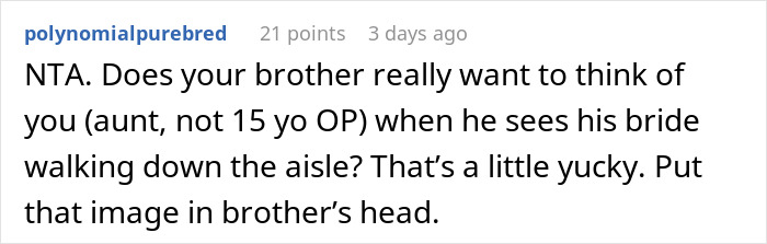 Screenshot of an online comment discussing a woman confronting her brother&rsquo;s fianc&eacute;e over copying a wedding dress.