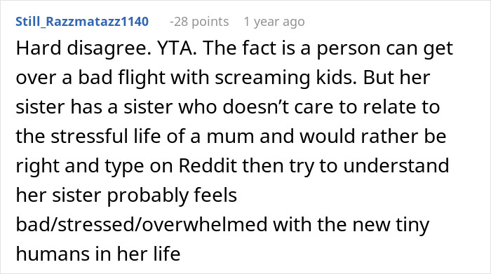 Screenshot of a Reddit comment discussing the challenges of a mom taking kids on a long stressful flight.