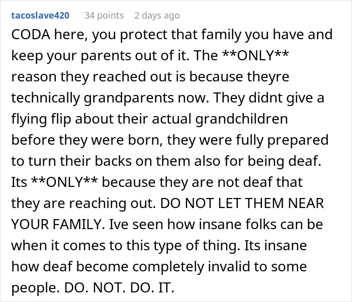 Comment discussing a man defending his wife and cutting off his parents, confused by suggestion to reconnect.