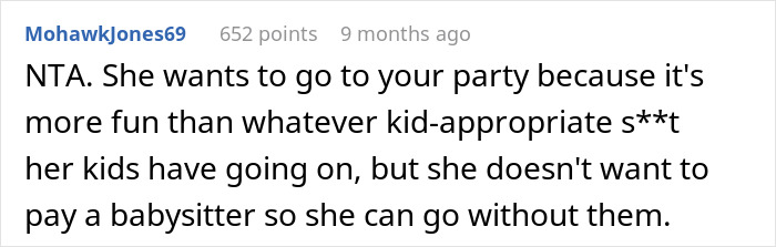Comment discussing a mom refusing to pay a babysitter to attend a Halloween party, highlighting child supervision concerns. - 18