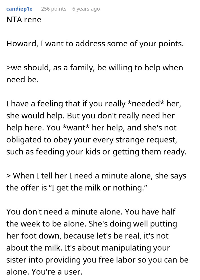 Commenter explaining family dynamics and refusal of sister to provide childcare, highlighting accusations in childcare dispute.