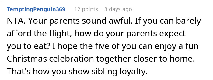 Screenshot of a Reddit comment discussing a woman refusing to go on a Christmas gift trip if siblings pay for her flight.