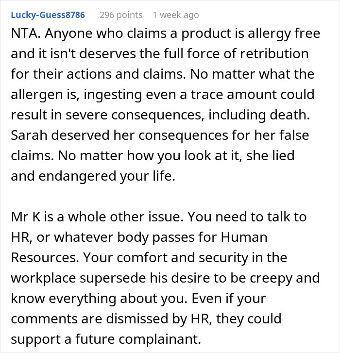Comment discussing intern hospitalized after coworker brought cupcakes, emphasizing allergy risks and workplace safety concerns.