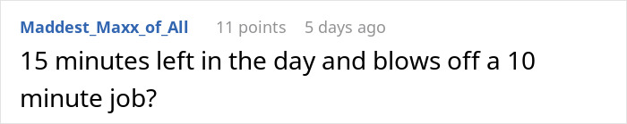 Screenshot of a comment discussing work hours and job completion related to manager bans phones work hours malicious compliance. Screenshot of a comment discussing work hours and job completion related to manager bans phones work hours malicious compliance.