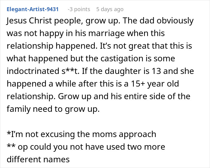 Comment about woman telling dad&rsquo;s affair baby the real reason grandparents avoid seeing her in a family dispute.