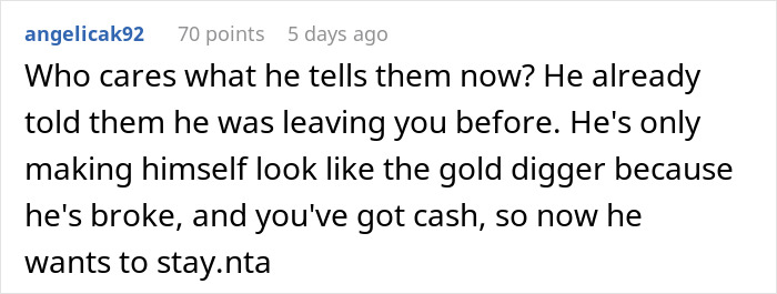 Comment criticizing a man demanding divorce from his wife, calling him a gold digger after losing his job. Comment criticizing a man demanding divorce from his wife, calling him a gold digger after losing his job.