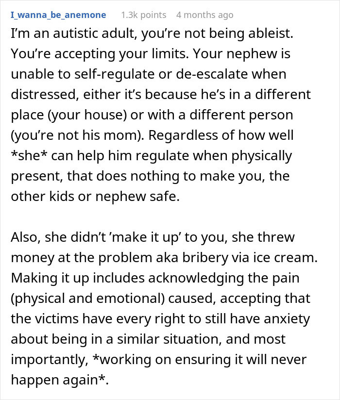 Comment explaining challenges with autistic nephew's behavior and impact on babysitting decisions involving injury and spitting incidents.