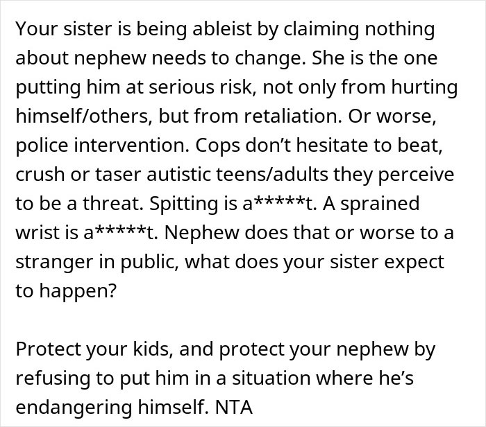 Text discussing a woman refusing to babysit her autistic nephew after he injures her daughter and spits on her.