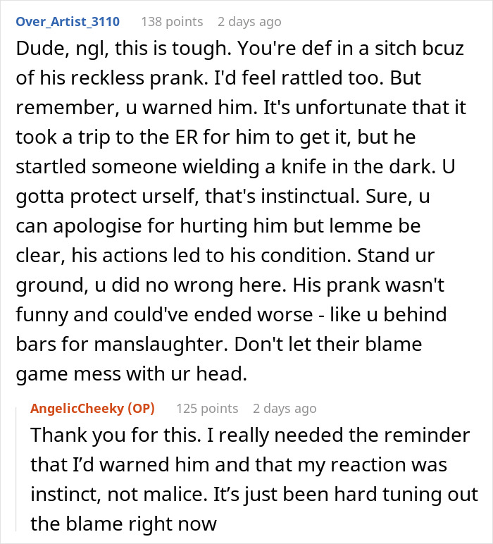 Reddit users discuss a prank gone wrong where a guy ends up in the ER after a knife slipped during the incident.