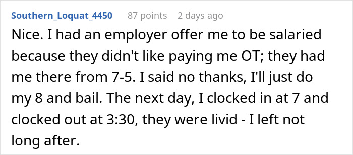 Comment discussing a boss trying to fix flexible hours by banning them, leading to employee frustration. Comment discussing a boss trying to fix flexible hours by banning them, leading to employee frustration.