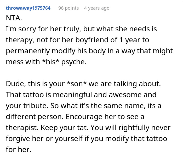 Screenshot of an online comment defending a meaningful tattoo of a late son's name amid relationship conflict.