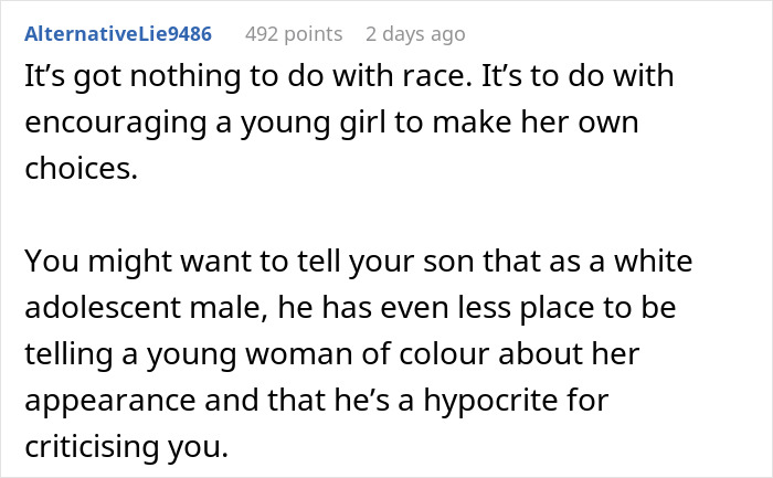 Comment discussing a 14-year-old boy&rsquo;s reaction to his mom suggesting his Black girlfriend dress more comfortably.